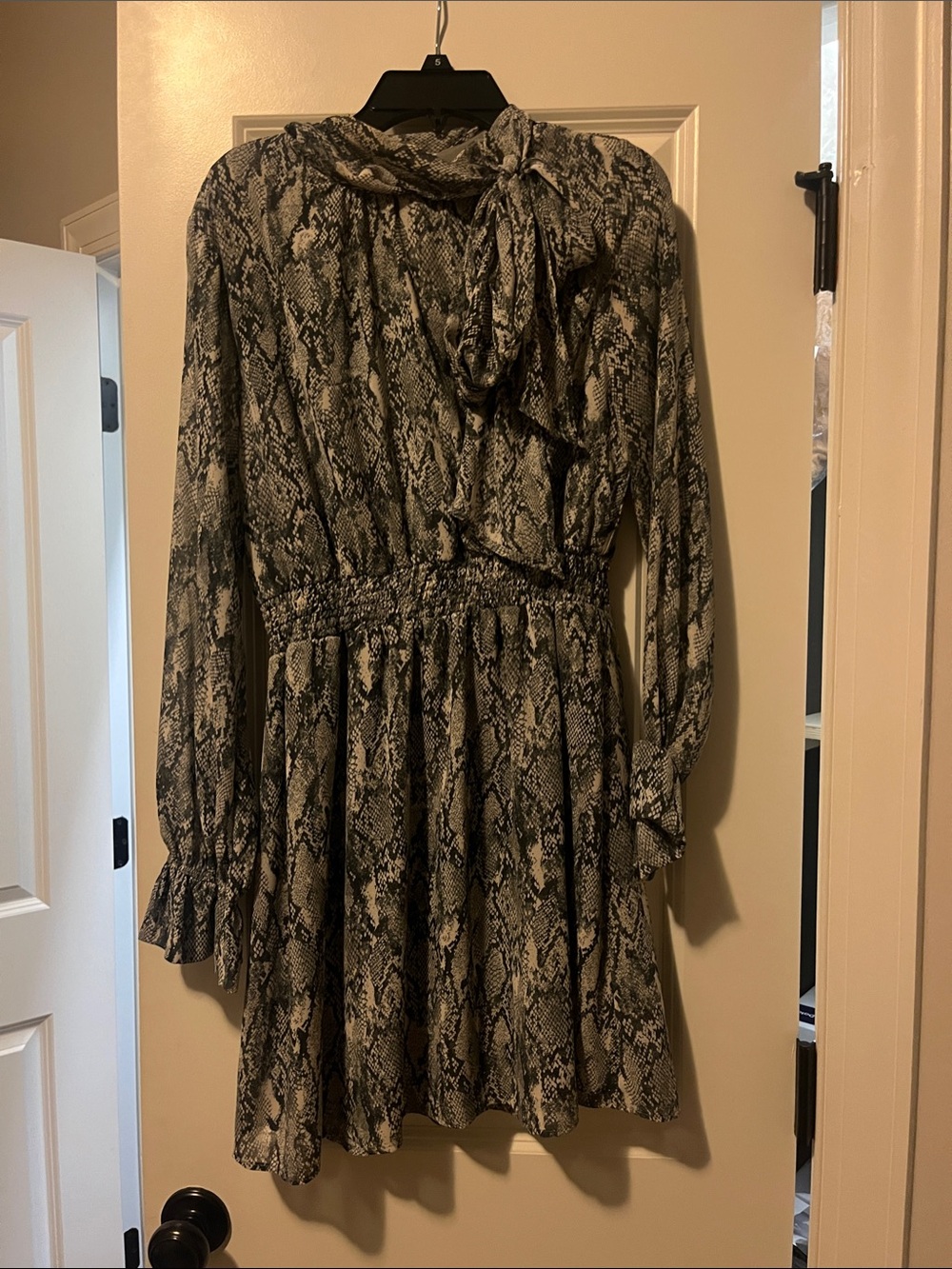FAVLUX Snake-Print Long Sleeve Tie-Neck Dress in Black and Cream